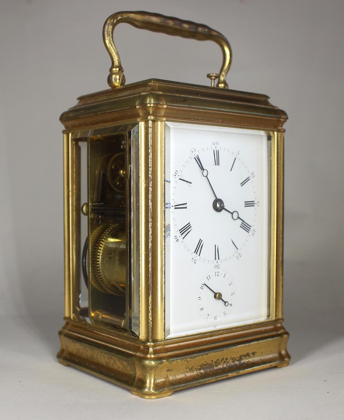 Gilt Repeating Drocourt Carriage Clock with Alarm For Sale