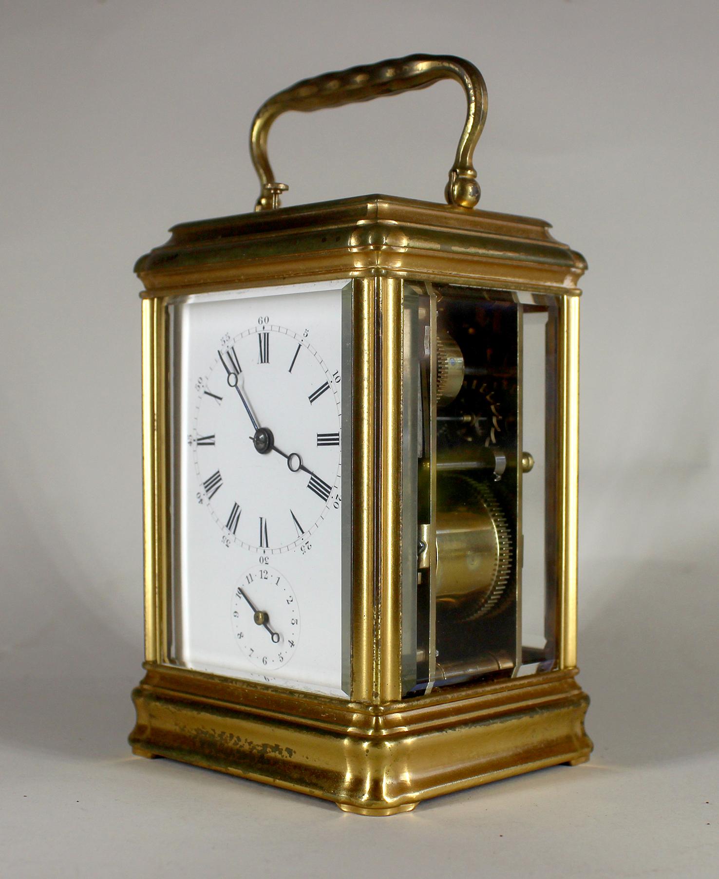 Repeating Drocourt Carriage Clock with Alarm In Good Condition For Sale In Amersham, GB
