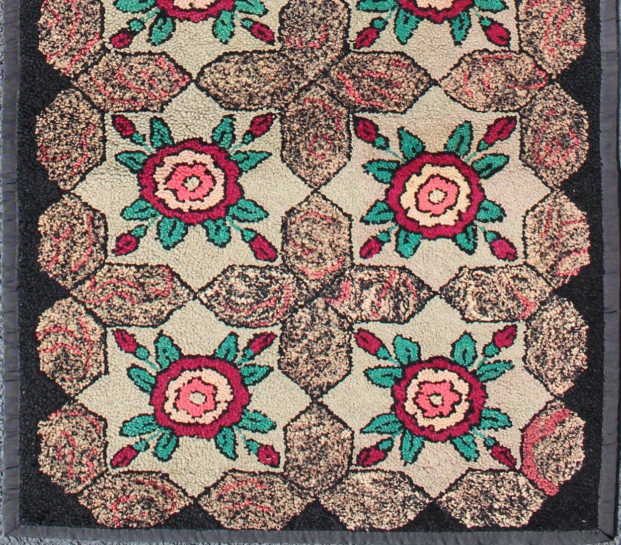 American Colonial Repeating Floral-Leaf Design American Hooked Rug in Brown, Green, and Red For Sale