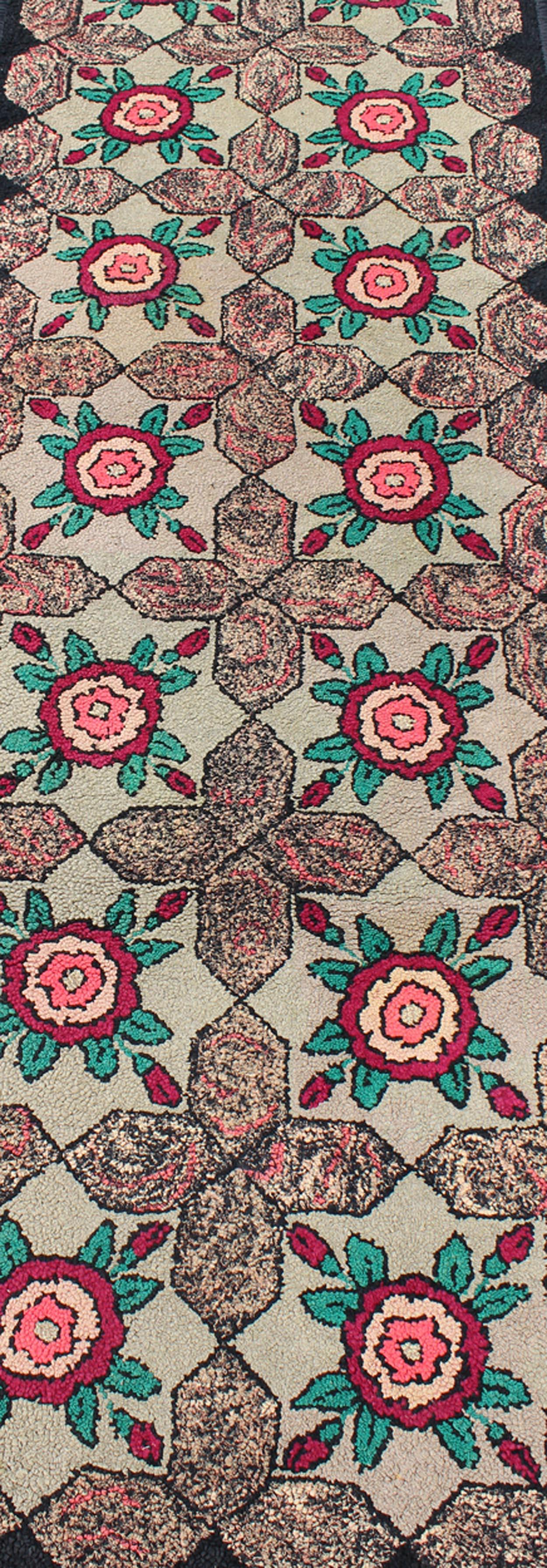 Hand-Knotted Repeating Floral-Leaf Design American Hooked Rug in Brown, Green, and Red For Sale