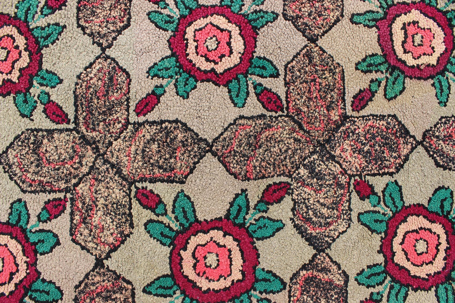Repeating Floral-Leaf Design American Hooked Rug in Brown, Green, and Red In Good Condition For Sale In Atlanta, GA
