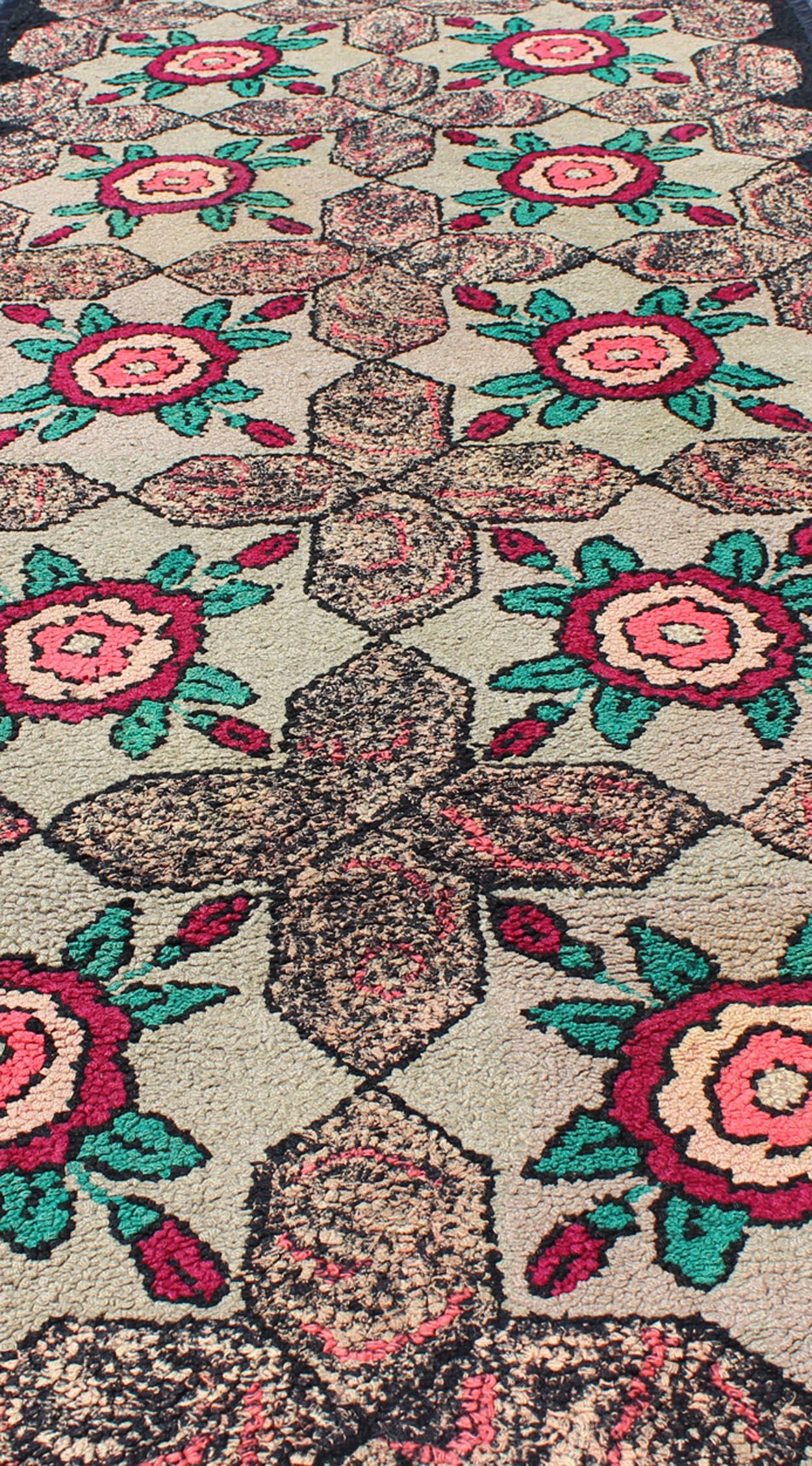 20th Century Repeating Floral-Leaf Design American Hooked Rug in Brown, Green, and Red For Sale