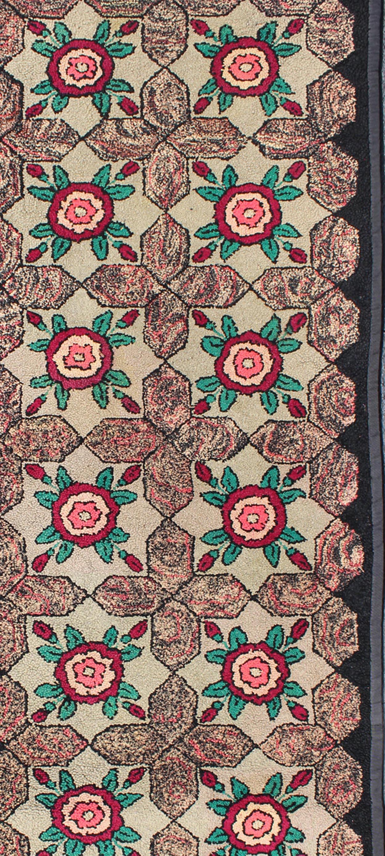 Wool Repeating Floral-Leaf Design American Hooked Rug in Brown, Green, and Red For Sale