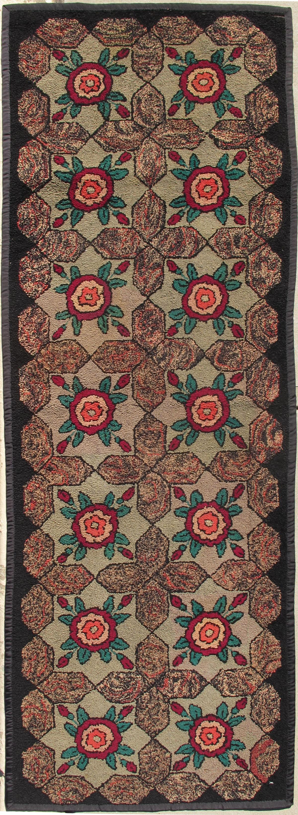 Repeating Floral-Leaf Design American Hooked Rug in Brown, Green, and Red For Sale 2