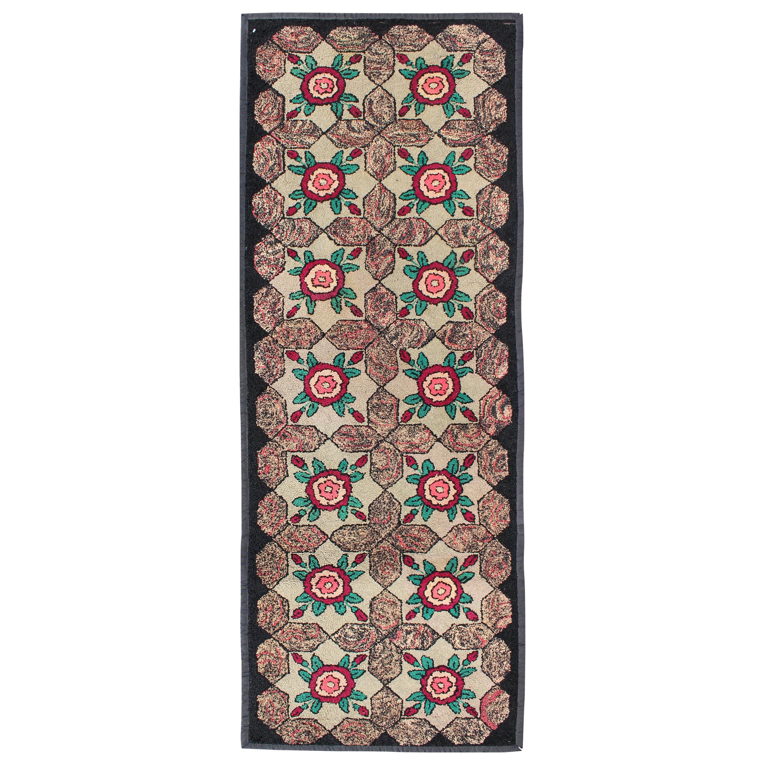 Repeating Floral-Leaf Design American Hooked Rug in Brown, Green, and Red For Sale