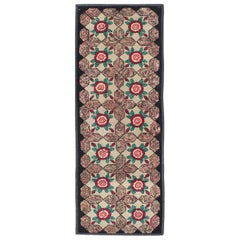 Repeating Floral-Leaf Design American Hooked Rug in Brown, Green, and Red