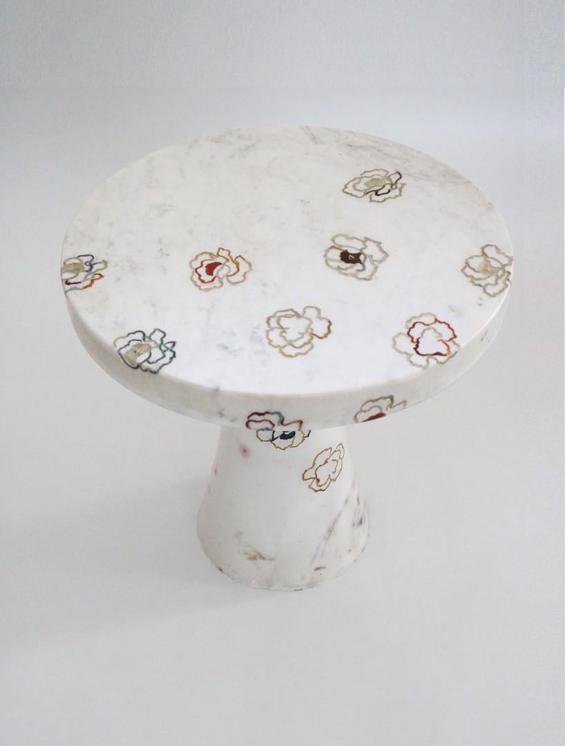 Hand-Carved Repeating Roses Table Inlay in White Marble By Stephanie Odegard For Sale