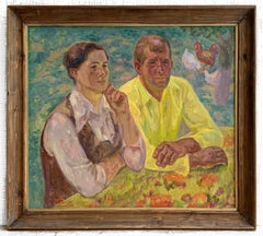 Couple Portrait Framed Vintage Oil Canvas Painting Man and Woman by Repka V.