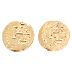 Vintage Replica Ancient Coin Stud Earrings, 14KT Yellow Gold
