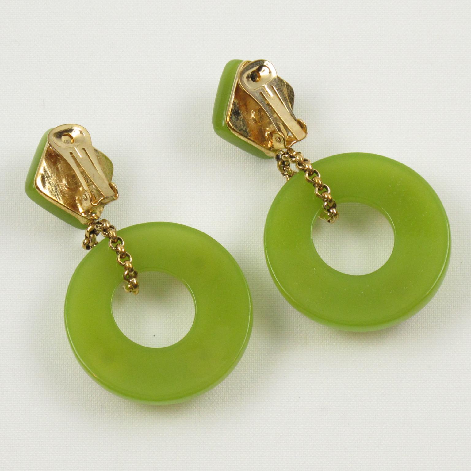 Women's or Men's Replica Collection Italy Green Resin Dangling Clip Earrings
