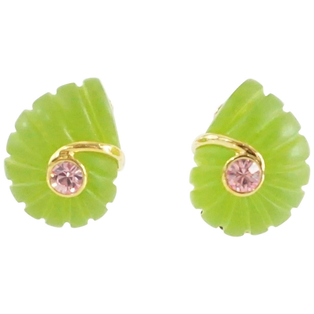 Replica Green Spiral with a Pink Stone Clip Earrings with Gold Detailing