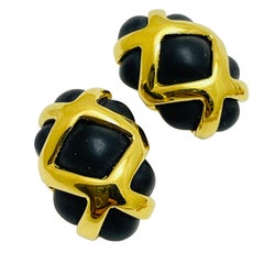 REPLICA signed vintage gold black massive designer runway clip on earrings