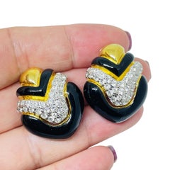 REPLICA signed vintage gold plated enamel rhinestones designer clip on earrings