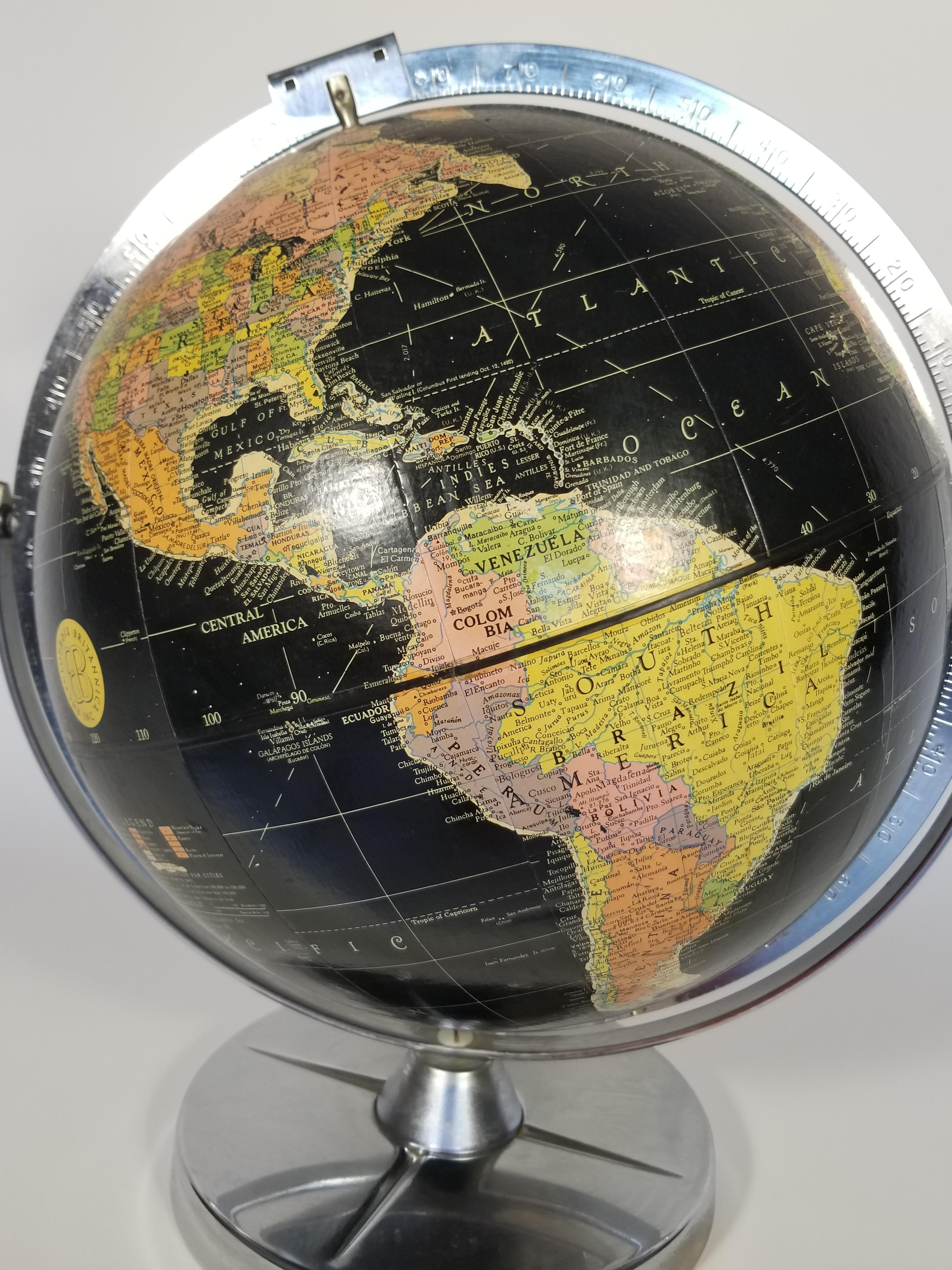 Black Replogle desk globe midcentury circa 1950s. Chrome base.