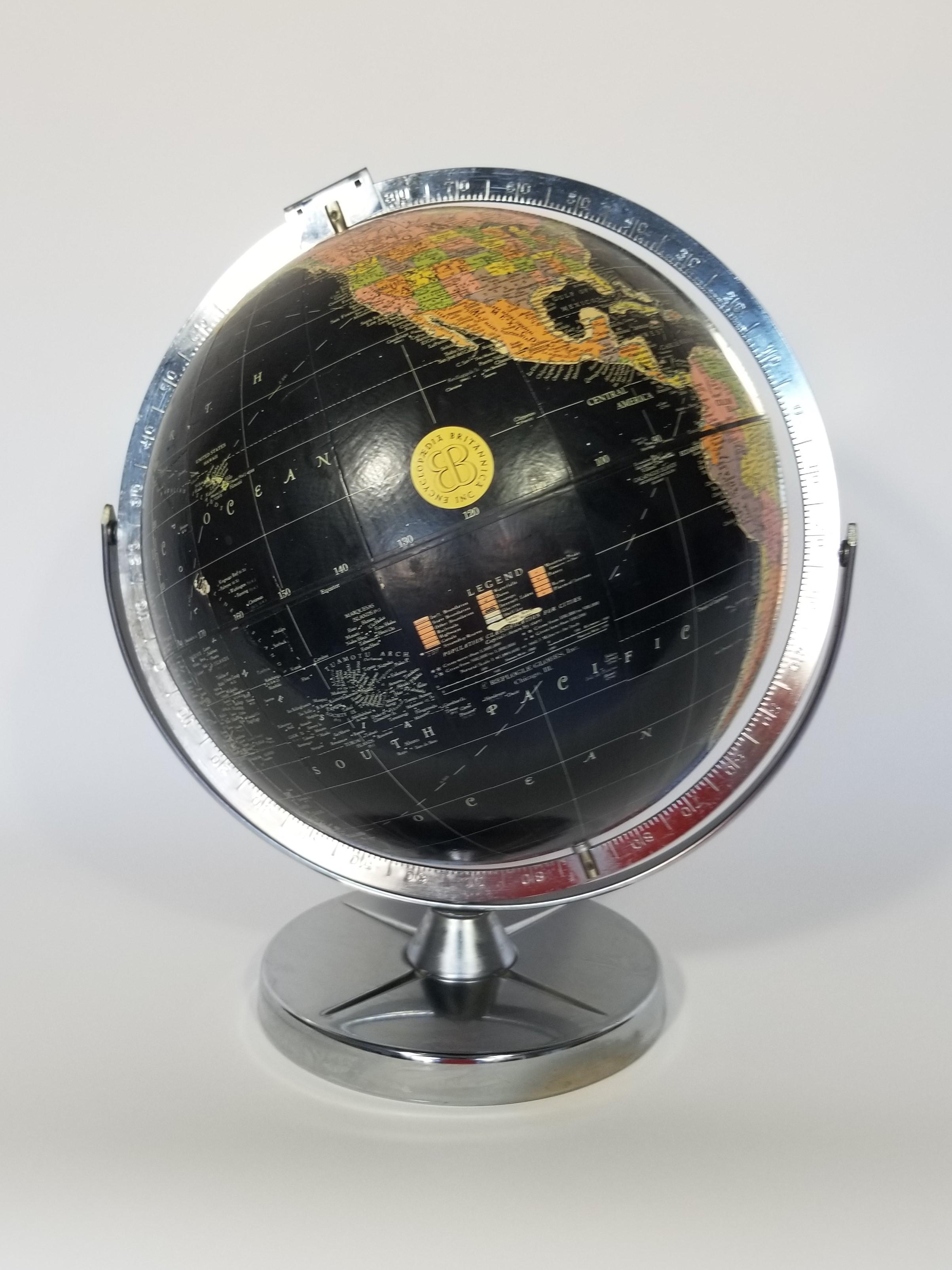 Replogle Desk Globe Midcentury Black with Chrome Base In Good Condition In New York, NY