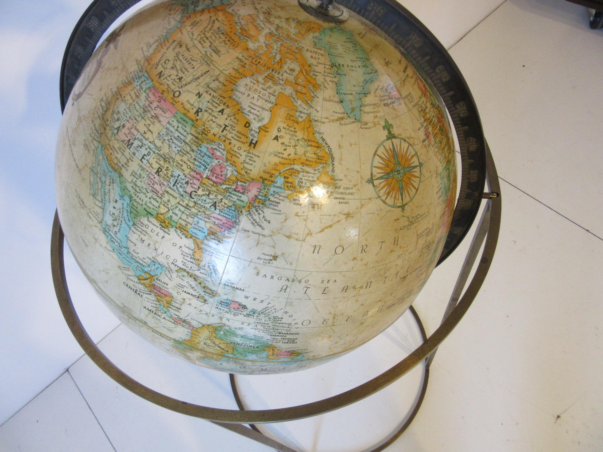 Mid-Century Modern Replogle Globe with Brass Stand in the Manner of McCobb