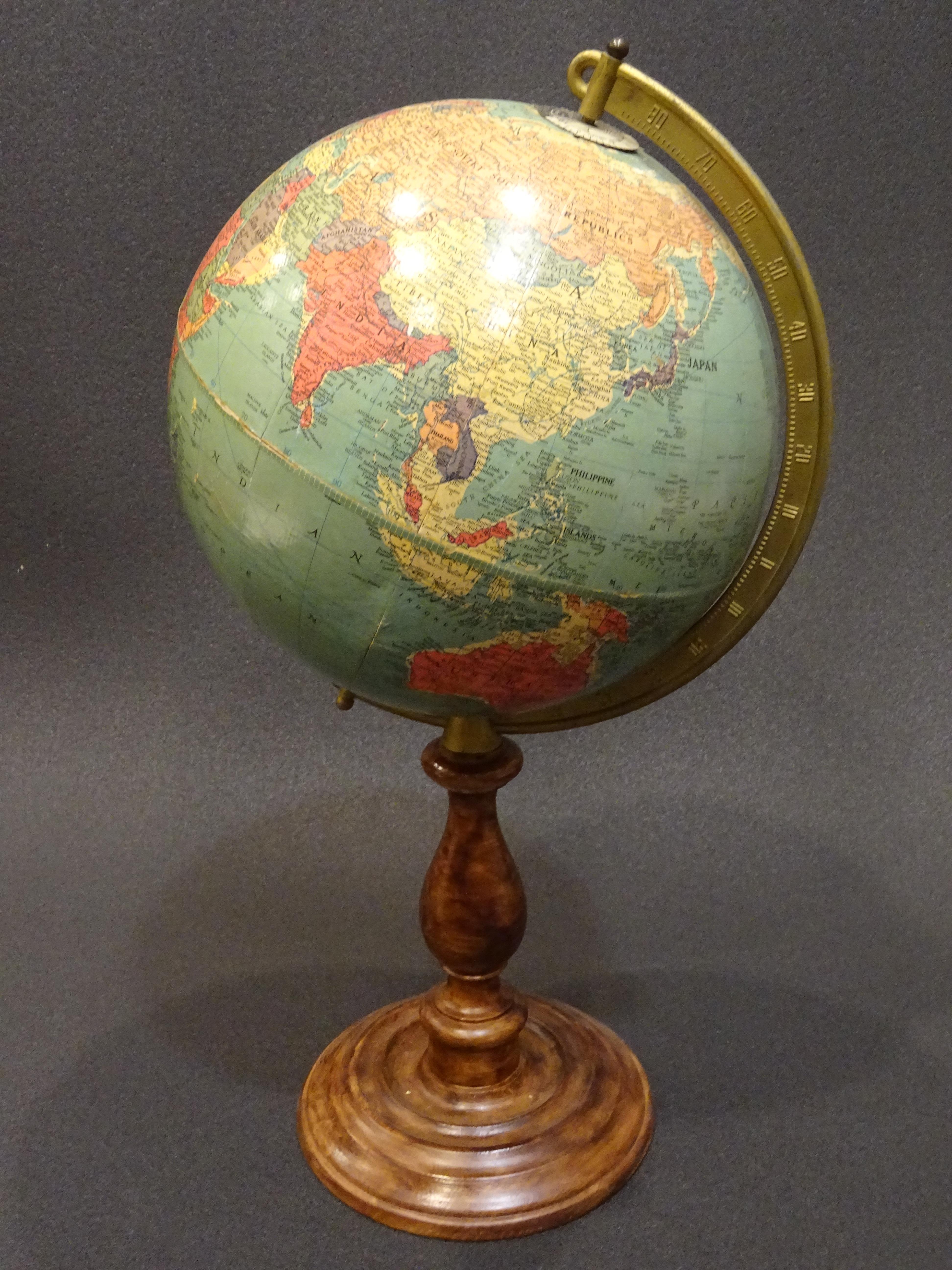 Mid-Century Modern Replogle Globes Chicago 1950s Papiermache, Wood and Metal World Globe
