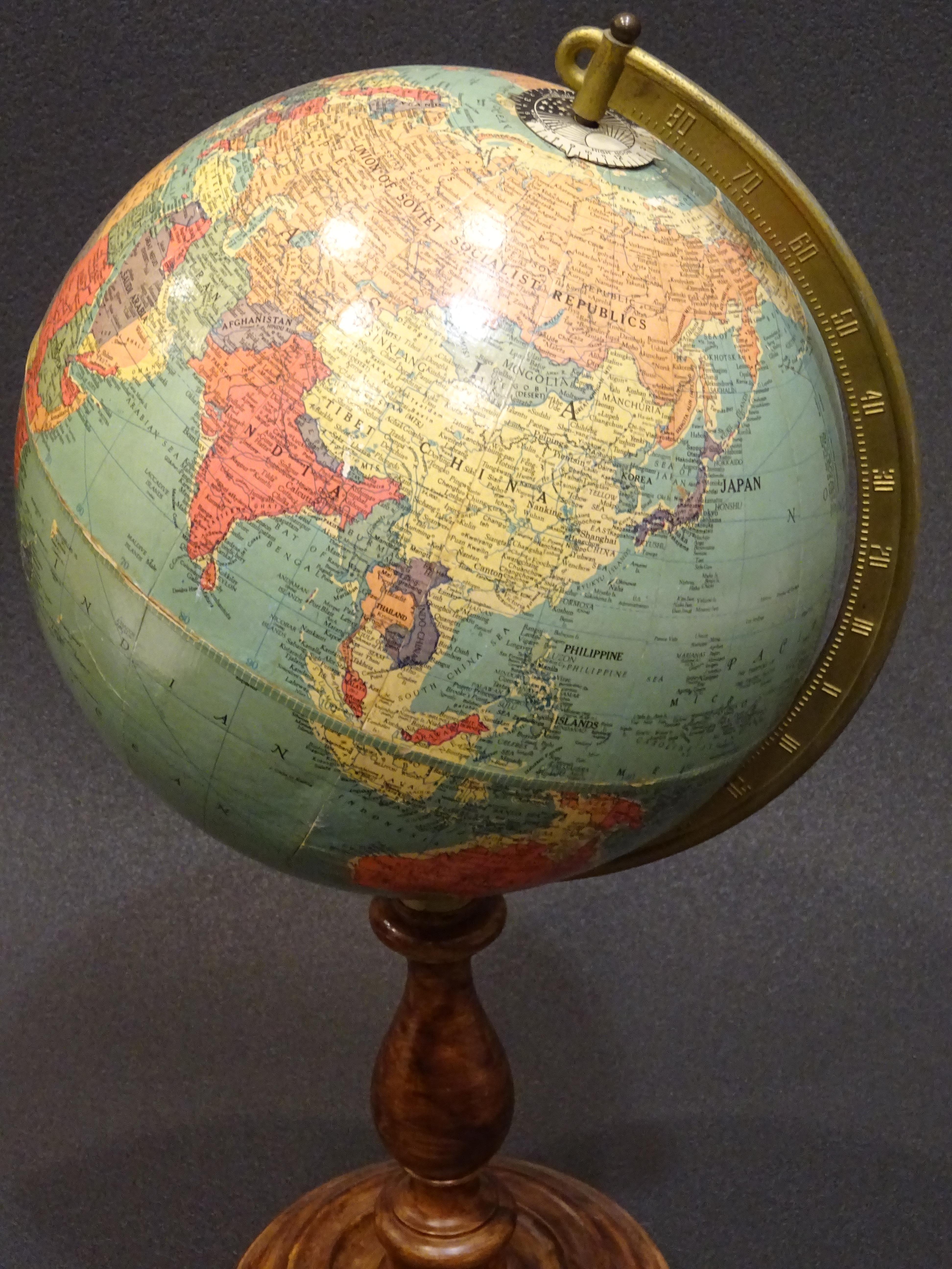 American Replogle Globes Chicago 1950s Papiermache, Wood and Metal World Globe