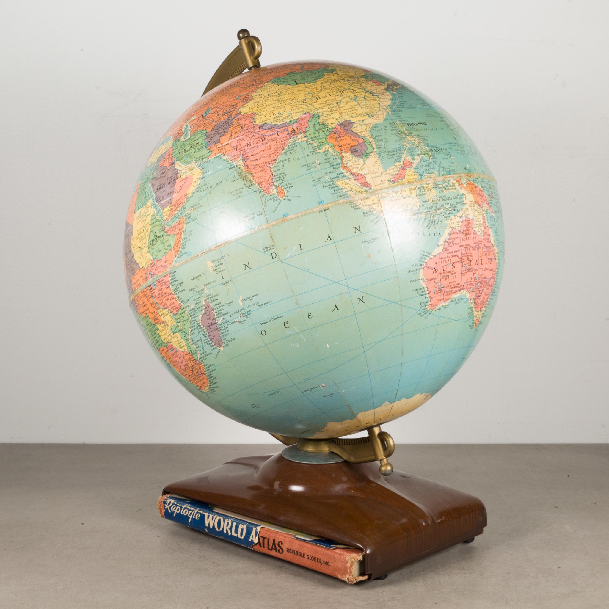 ABOUT

A replogle standard globe with a metal bracket mounted on a metal pedestal. The original atlas slides into the base.

 CREATOR Replogle.
 DATE OF MANUFACTURE c.1961-1964.
 MATERIALS AND TECHNIQUES Metal, Paper.
 CONDITION Good. Wear