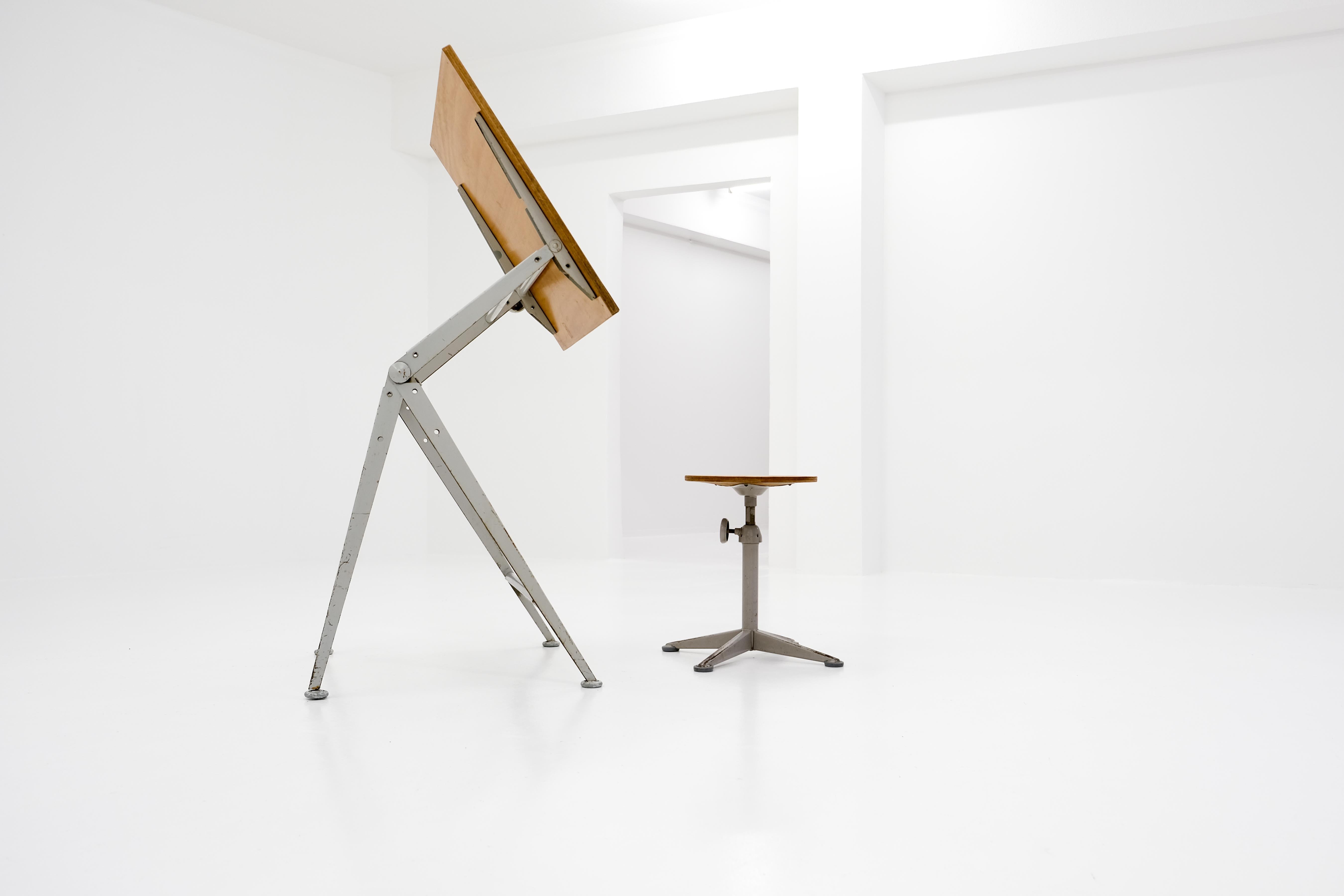 Mid-Century Modern Reply Drawing Table + Stool by Friso Kramer & Wim Rietveld for Ahrend de Cirkel