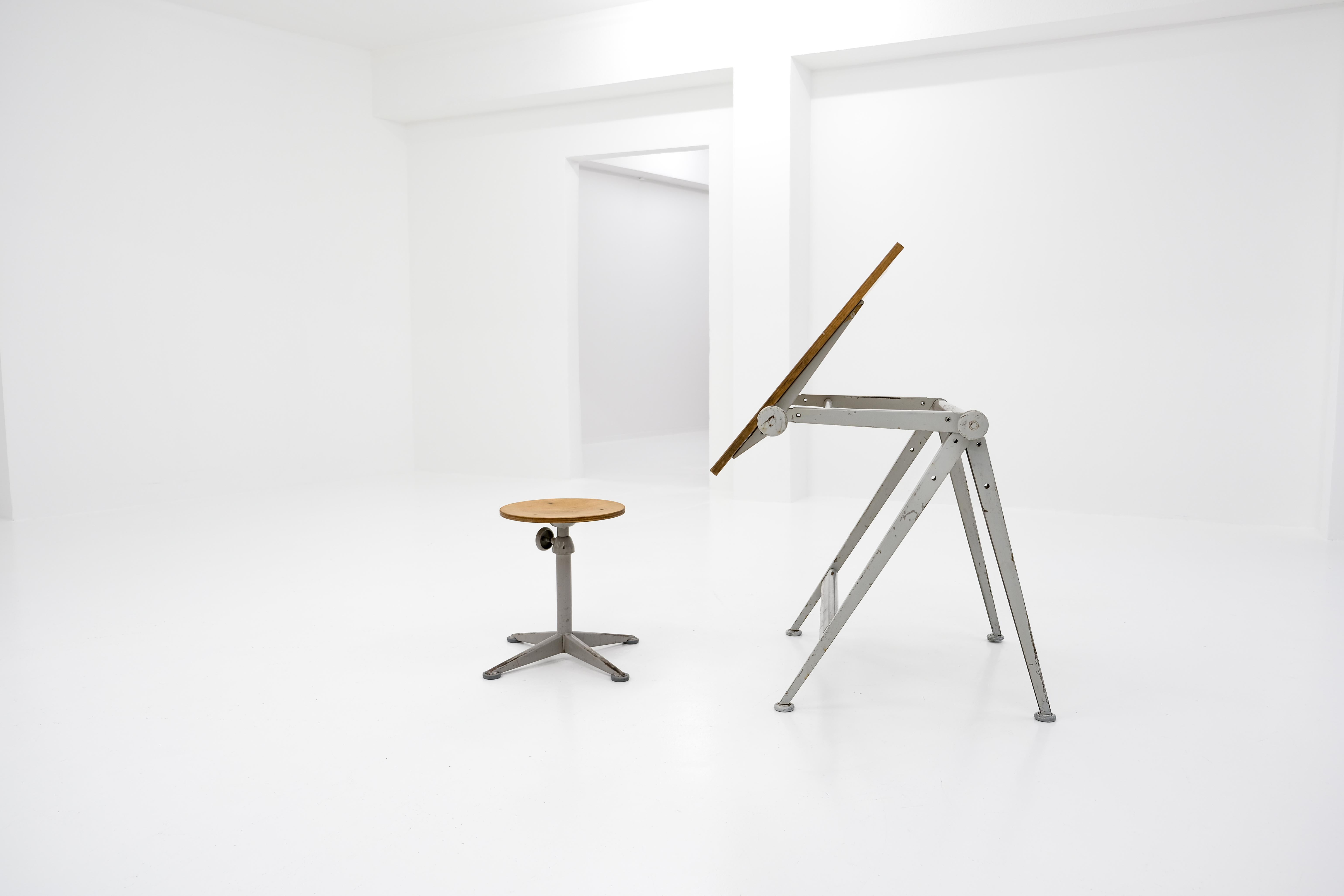 Metal Reply Drawing Table + Stool by Friso Kramer & Wim Rietveld for Ahrend de Cirkel