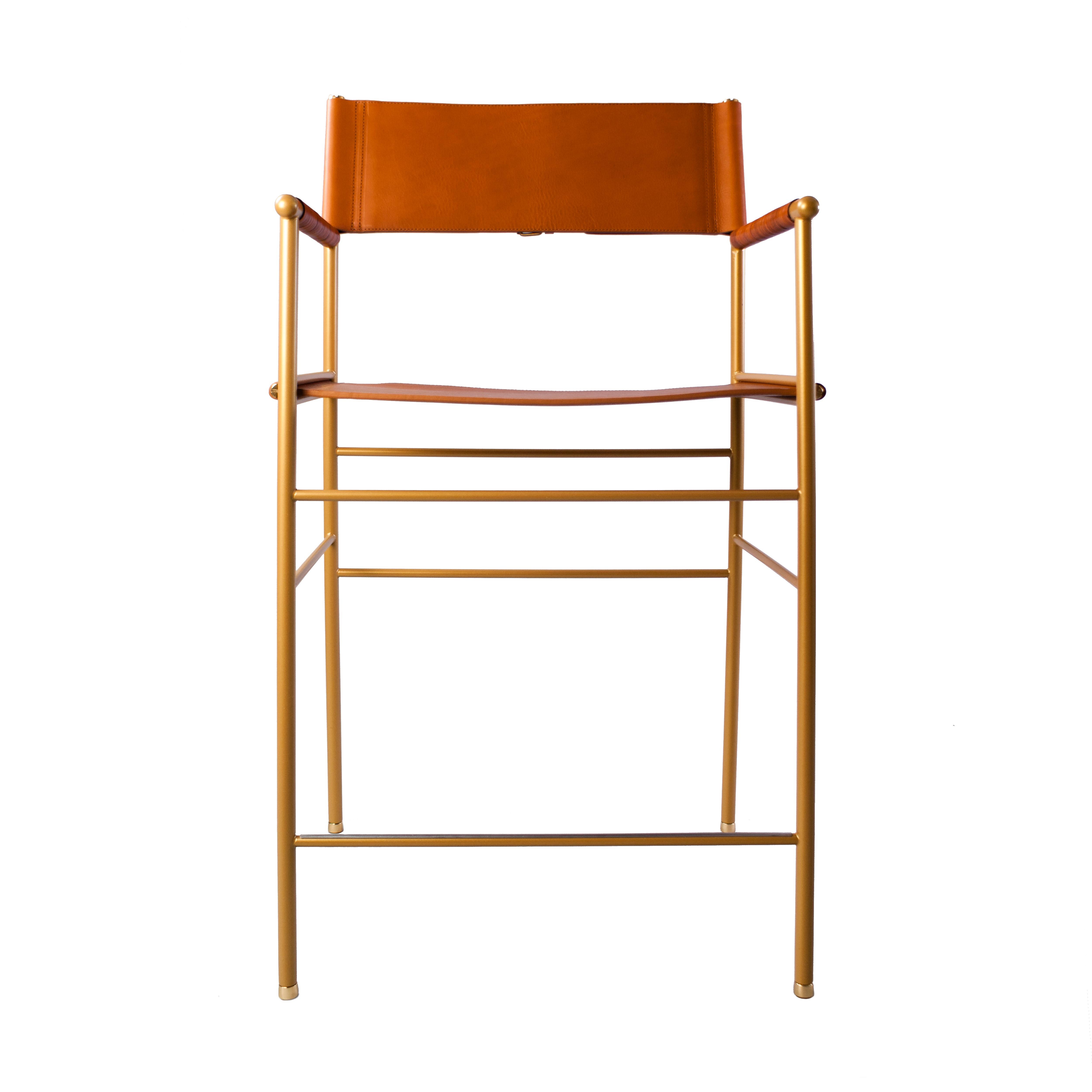 Repose Bar Stool w. Backrest, Tan Leather & Aged Brass Powdered Coating Frame For Sale 2