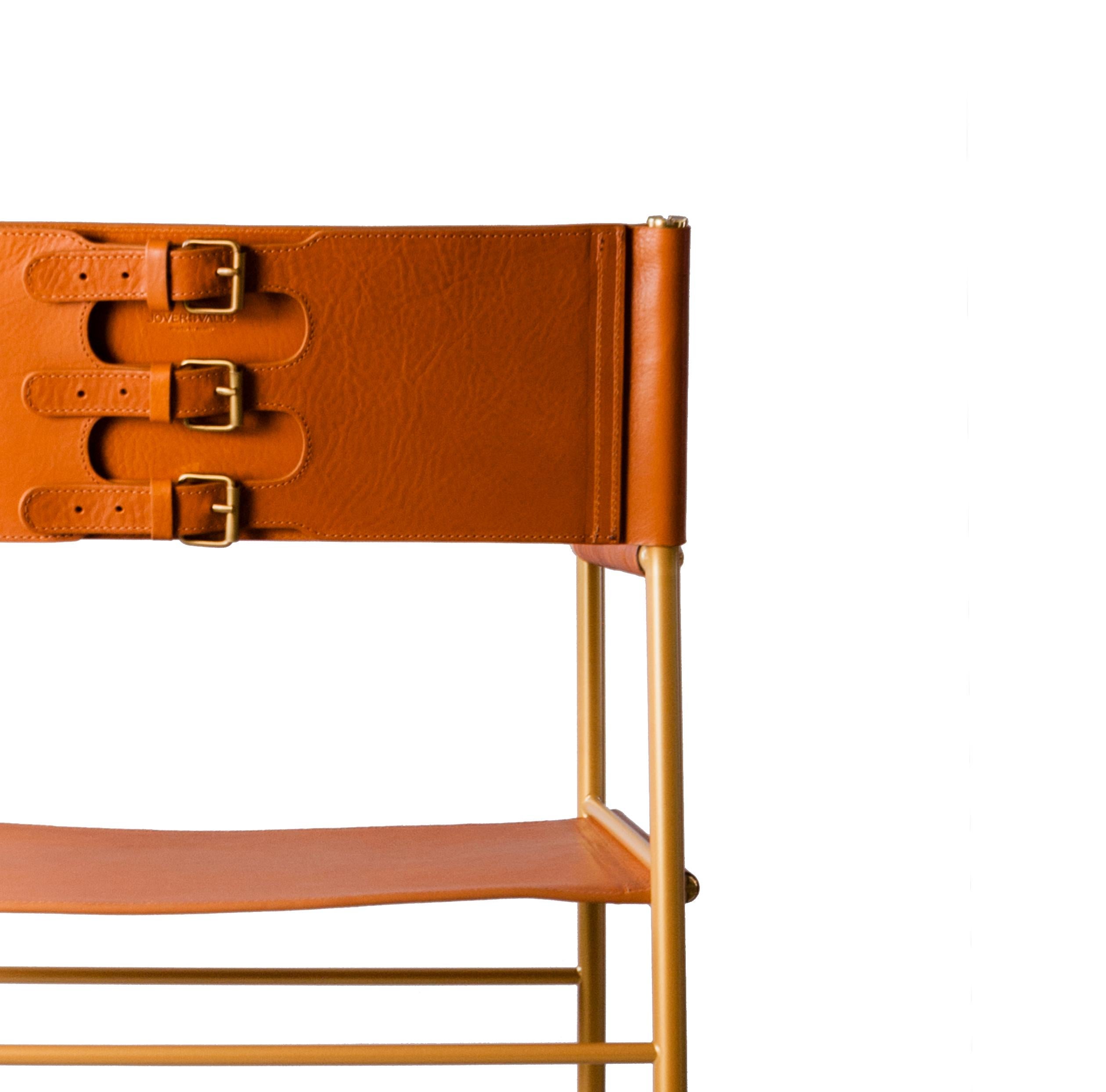 Modern Repose Bar Stool w. Backrest, Tan Leather & Aged Brass Powdered Coating Frame For Sale