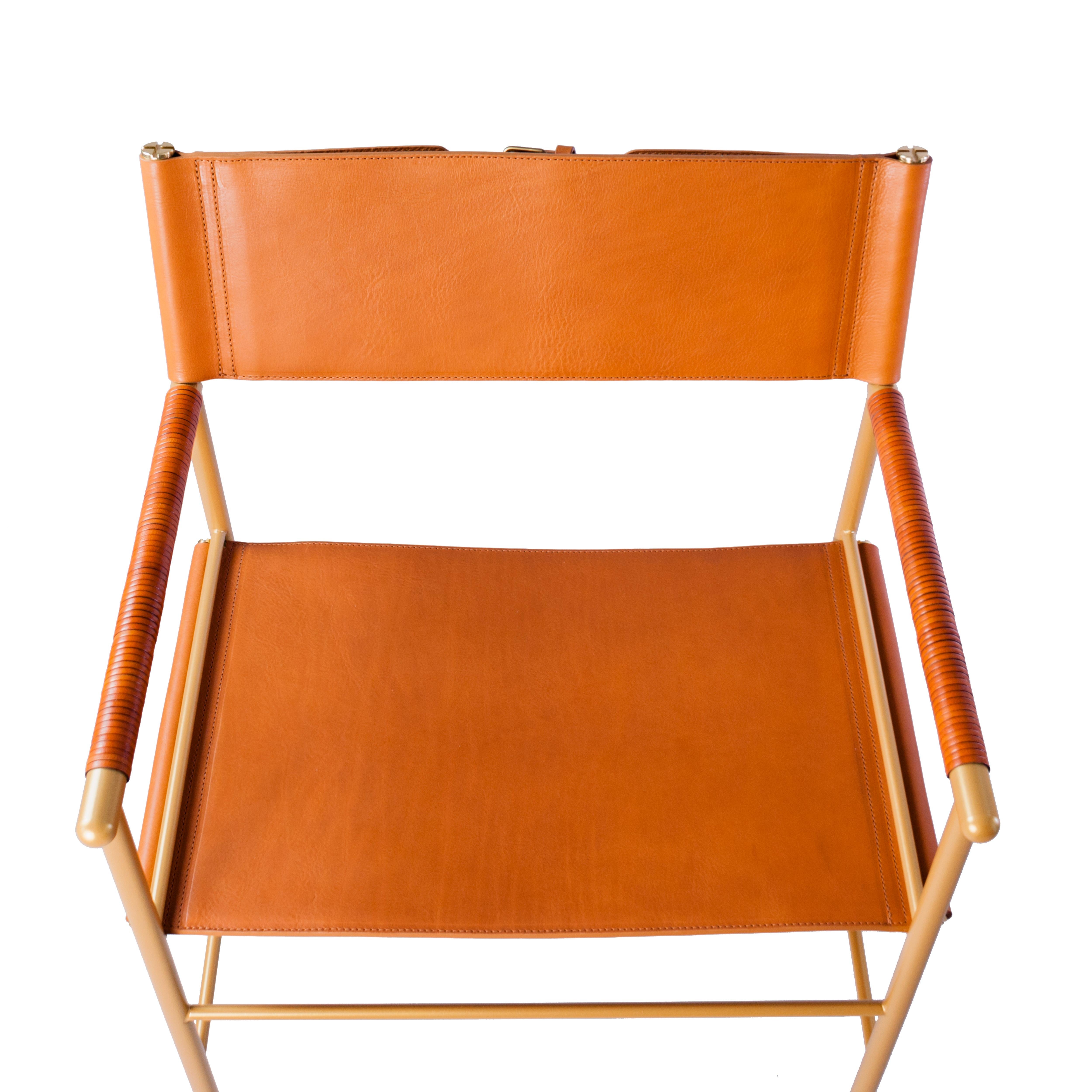 Repose Bar Stool w. Backrest, Tan Leather & Aged Brass Powdered Coating Frame In New Condition For Sale In Alcoy, Alicante