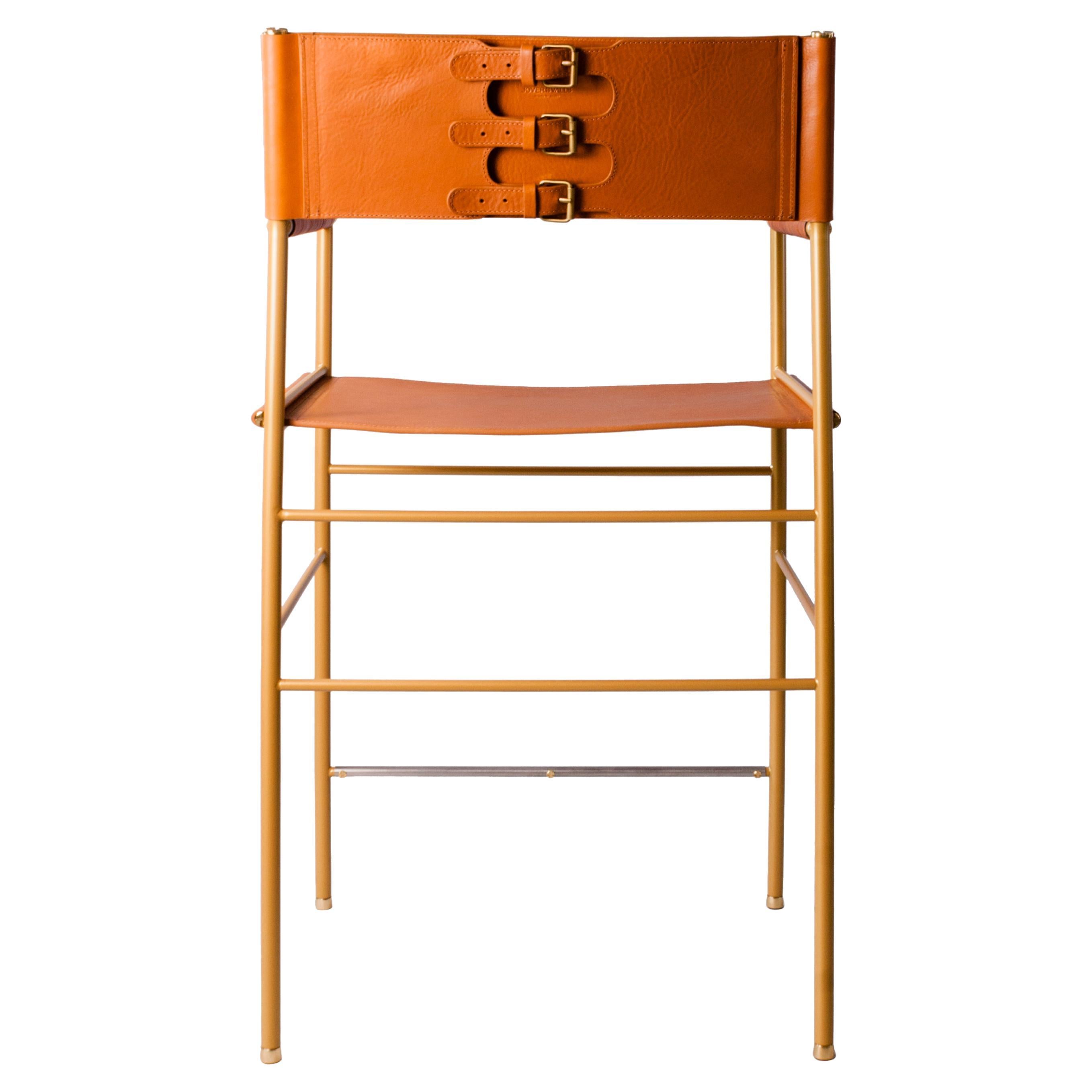 Repose Bar Stool w. Backrest, Tan Leather & Aged Brass Powdered Coating Frame For Sale