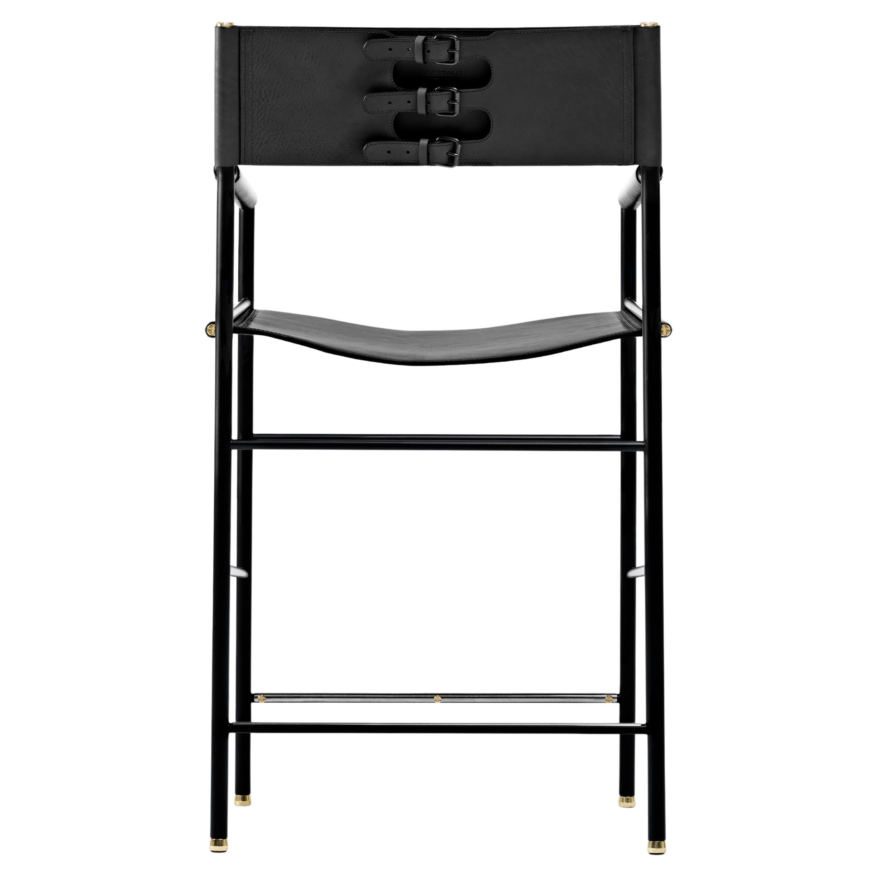 Classic Contemporary Bar Stool w Backrest Black Leather Black Rubber Metal Frame For Sale