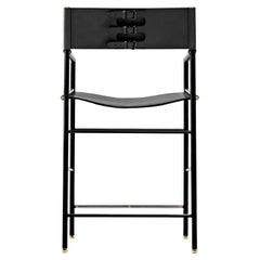 Classic Contemporary Bar Stool w Backrest Black Leather Black Rubber Metal Frame