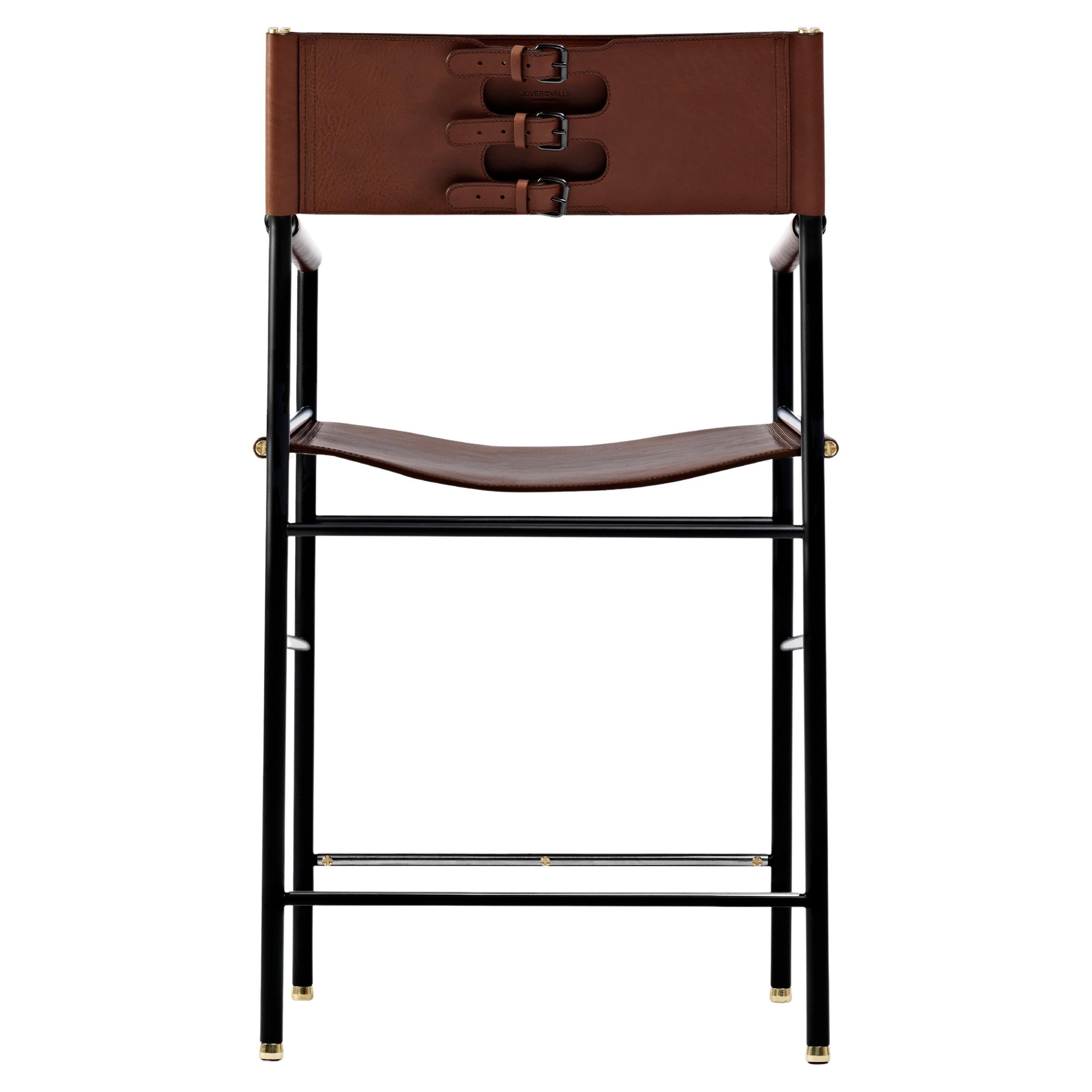 Classic Contemporary Barstool w Backrest Dark Brown Leather & Black Rubber Metal For Sale