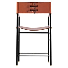 Taburete de Bar Contemporáneo Clásico con Respaldo Piel Marrón Natural, Goma Metálica Negra