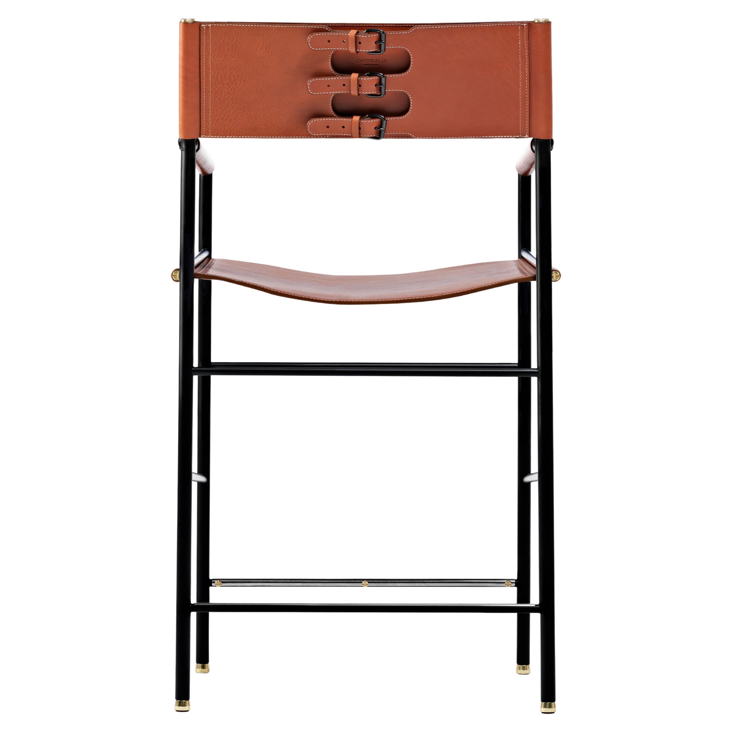 Classic Contemporary Barstool w Backrest Natural Tan Leather, Black Rubber Metal