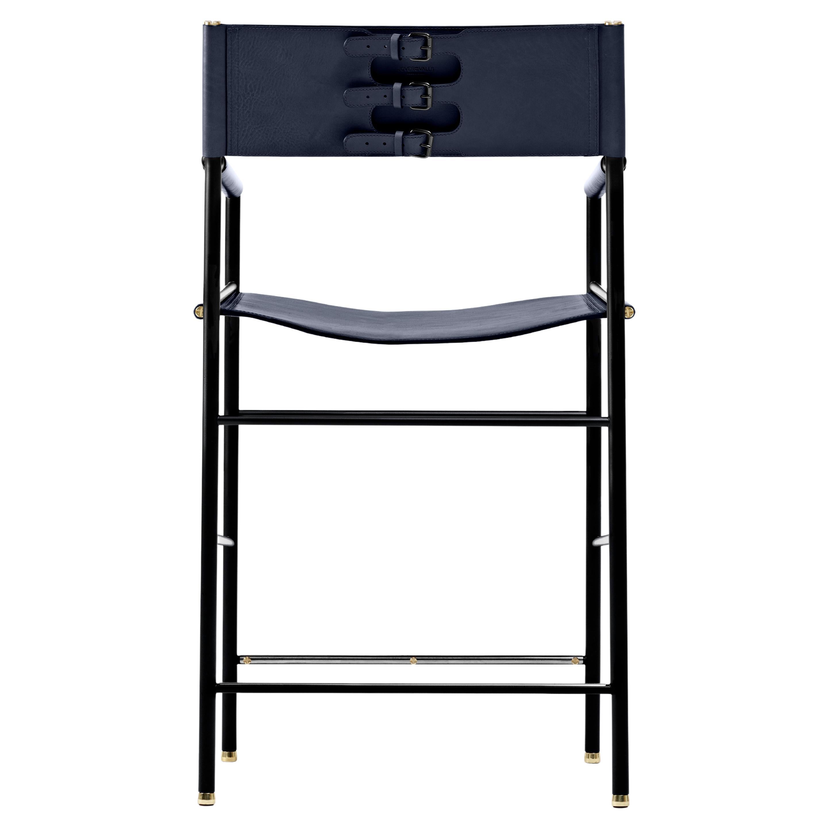 Classic Contemporary Bar Stool w Backrest Navy Blue Leather & Black Rubber Metal