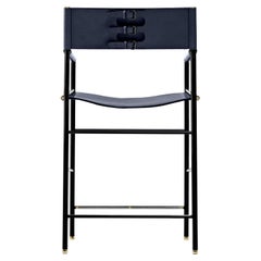 Classic Contemporary Bar Stool w Backrest Navy Blue Leather & Black Rubber Metal