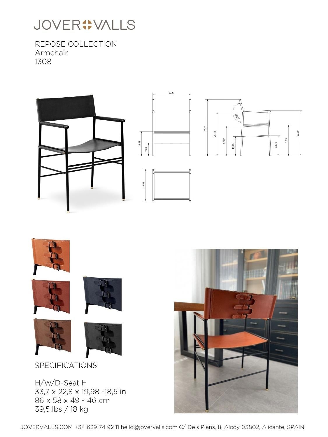 Kunsthandwerklicher zeitgenössischer Stuhl aus cognacfarbenem Leder und schwarzem Gummimetall im Angebot 10