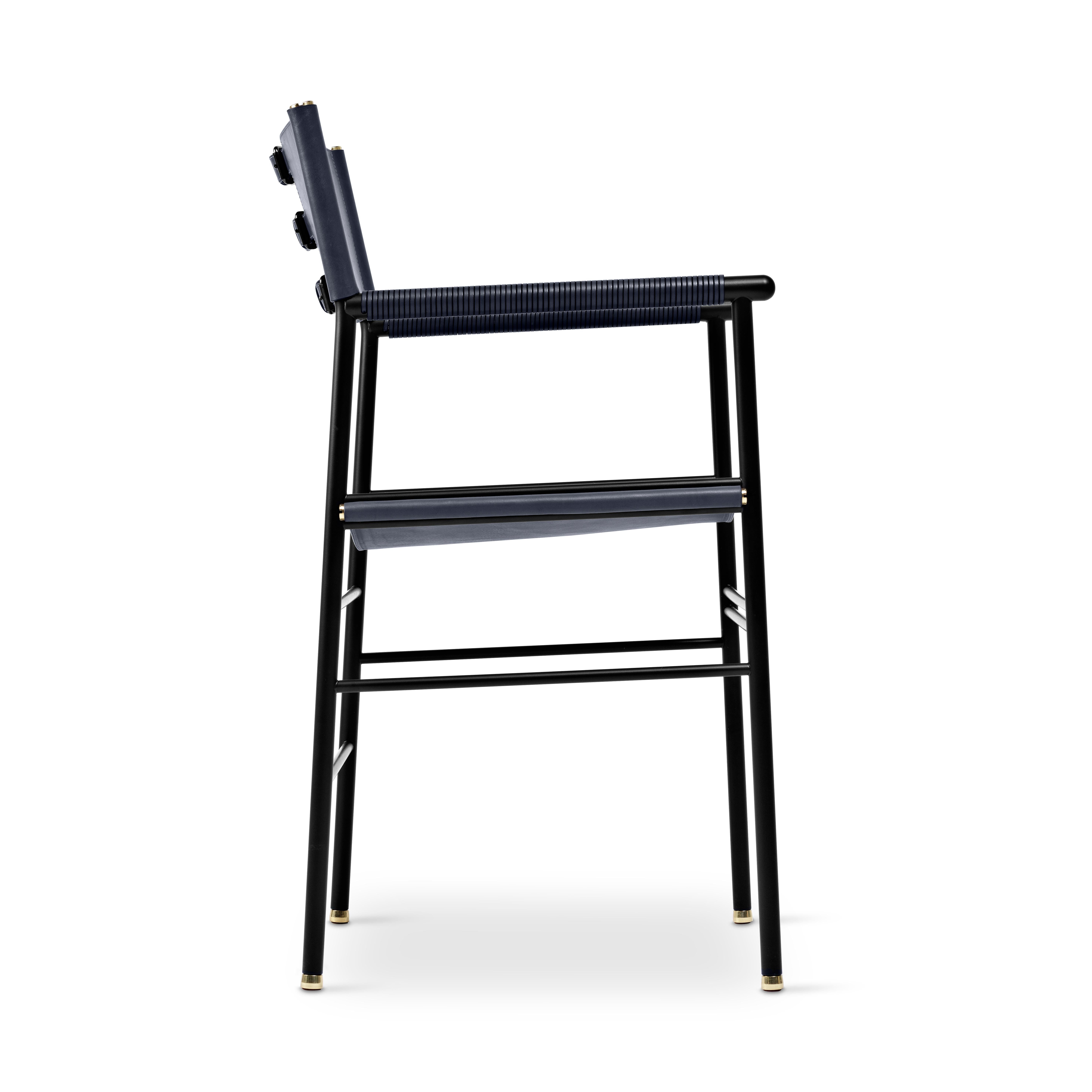 Vegetable Dyed Artisanal Contemporary Chair Navy Blue Leather & Black Rubber Metal For Sale
