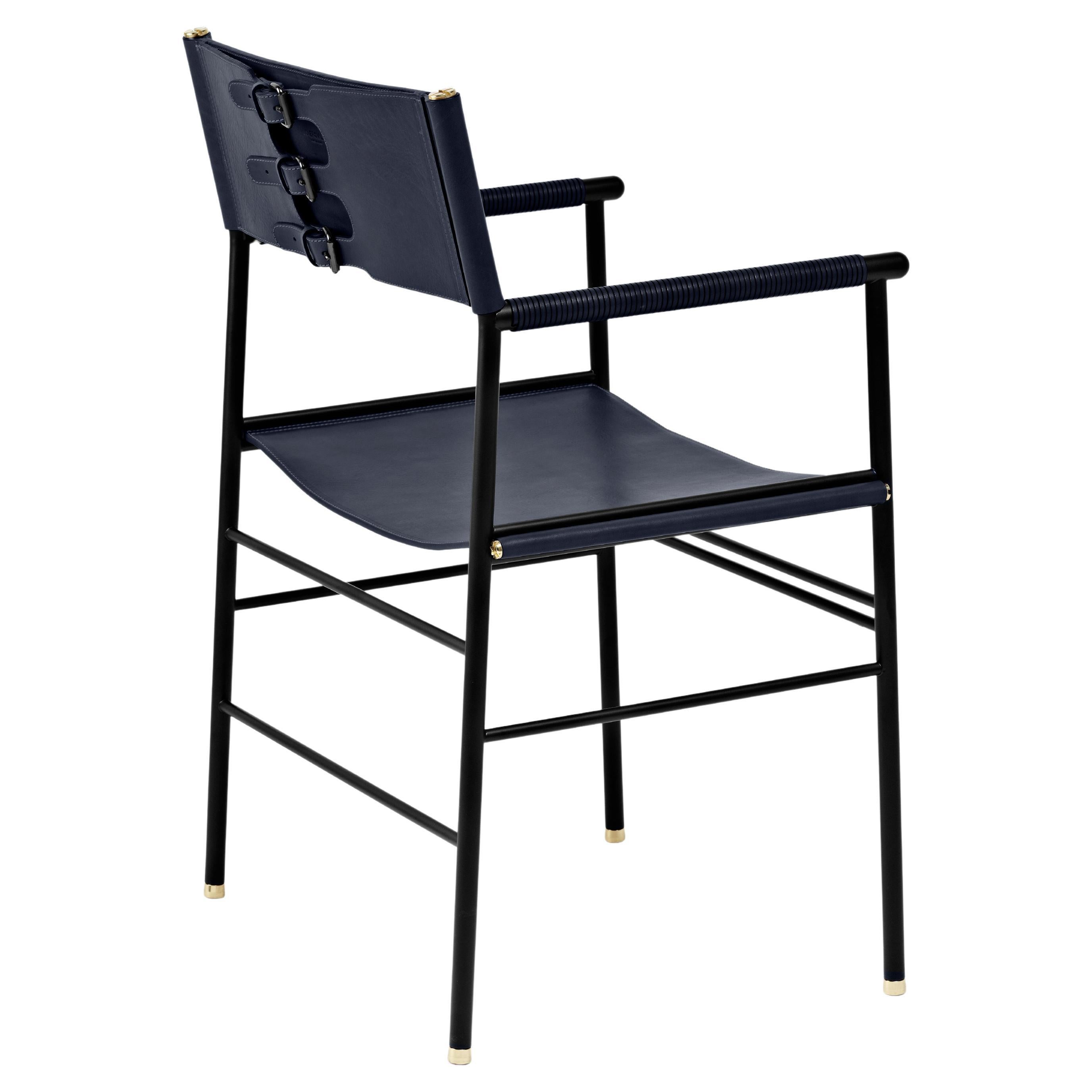 Artisanal Contemporary Chair Navy Blue Leather & Black Rubber Metal For Sale
