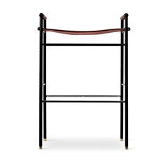 Classic Contemporary Bar Stool Artisan Cognac Leather & Black Rubber Metal