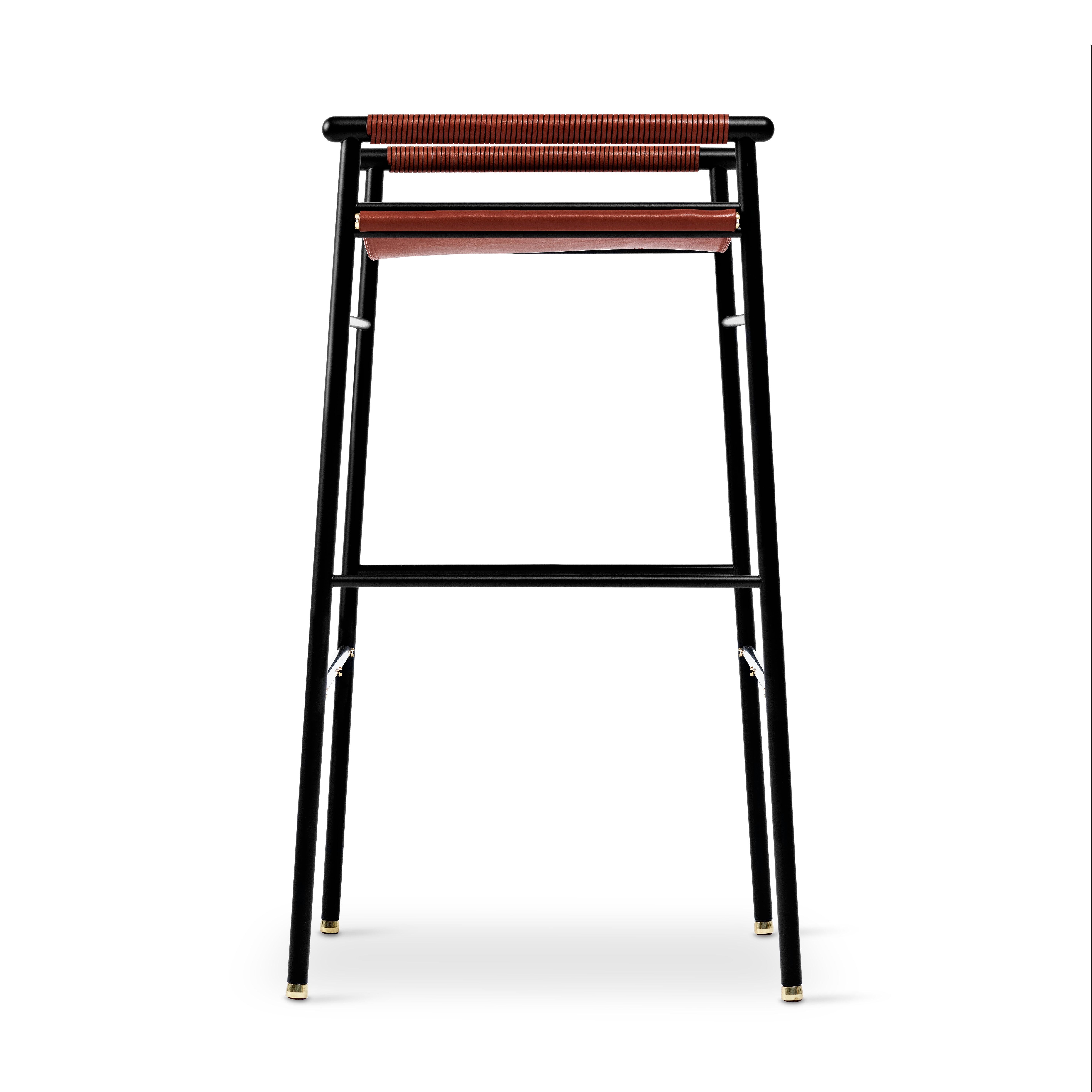 Spanish Classic Contemporary Bar Stool Artisan Cognac Leather & Black Rubber Metal  For Sale