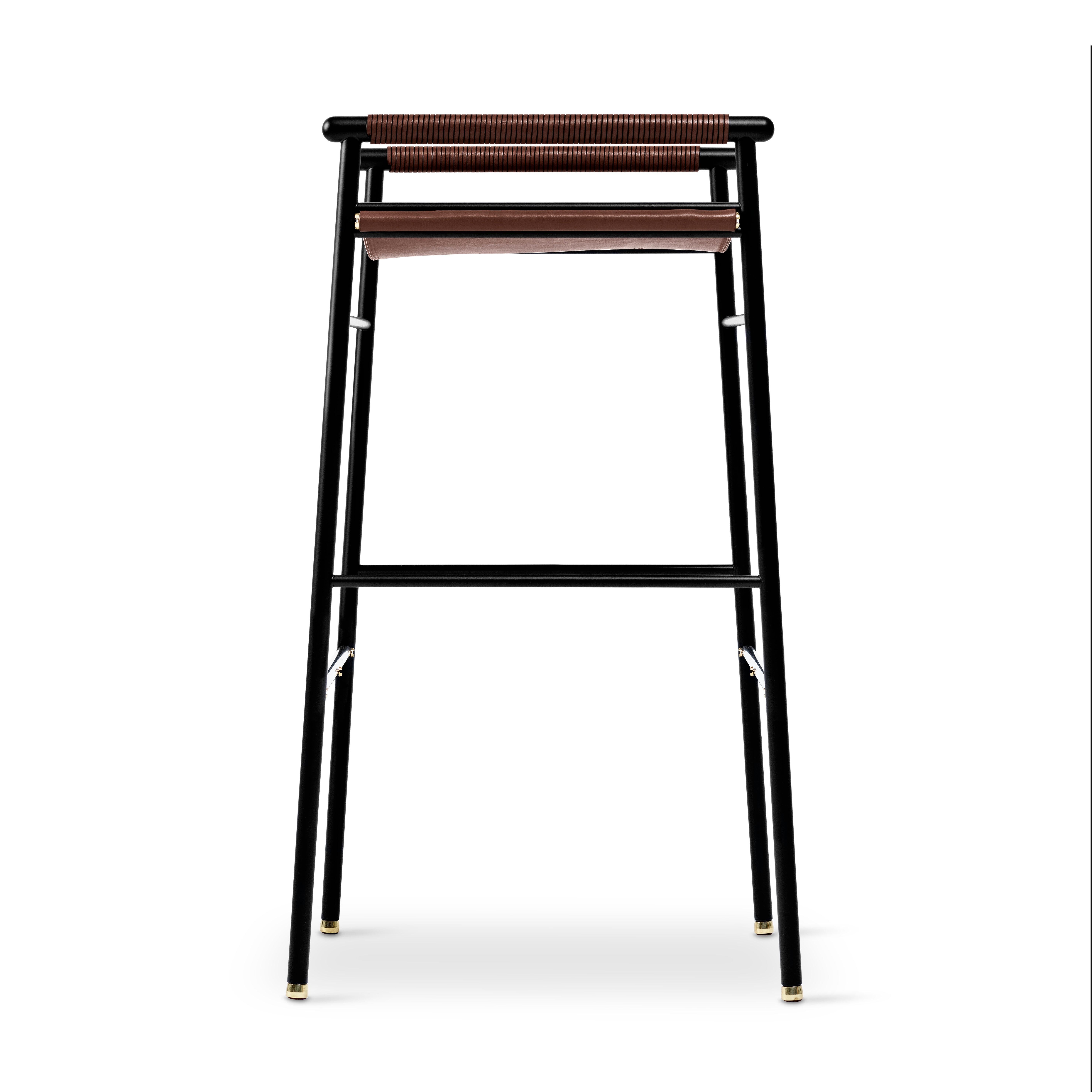 Spanish Artisan Classic Contemporary Barstool Dark Brown Leather Black Rubber Steel For Sale