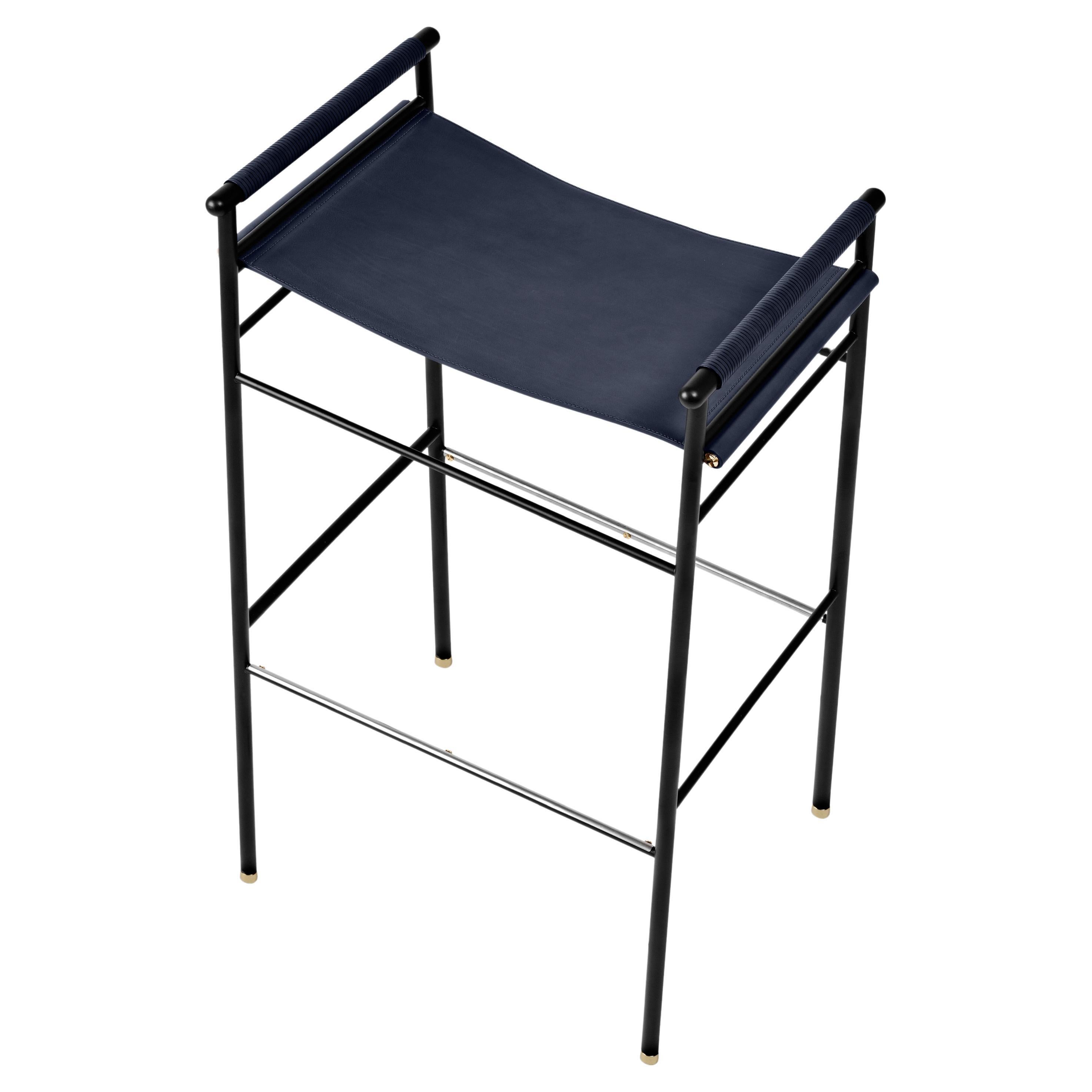 "Repose" Contemporary Barstool Navy Blue Saddle Black Rubbered Frame For Sale