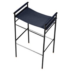 "Repose" Contemporary Barstool Navy Blue Saddle Black Rubbered Frame