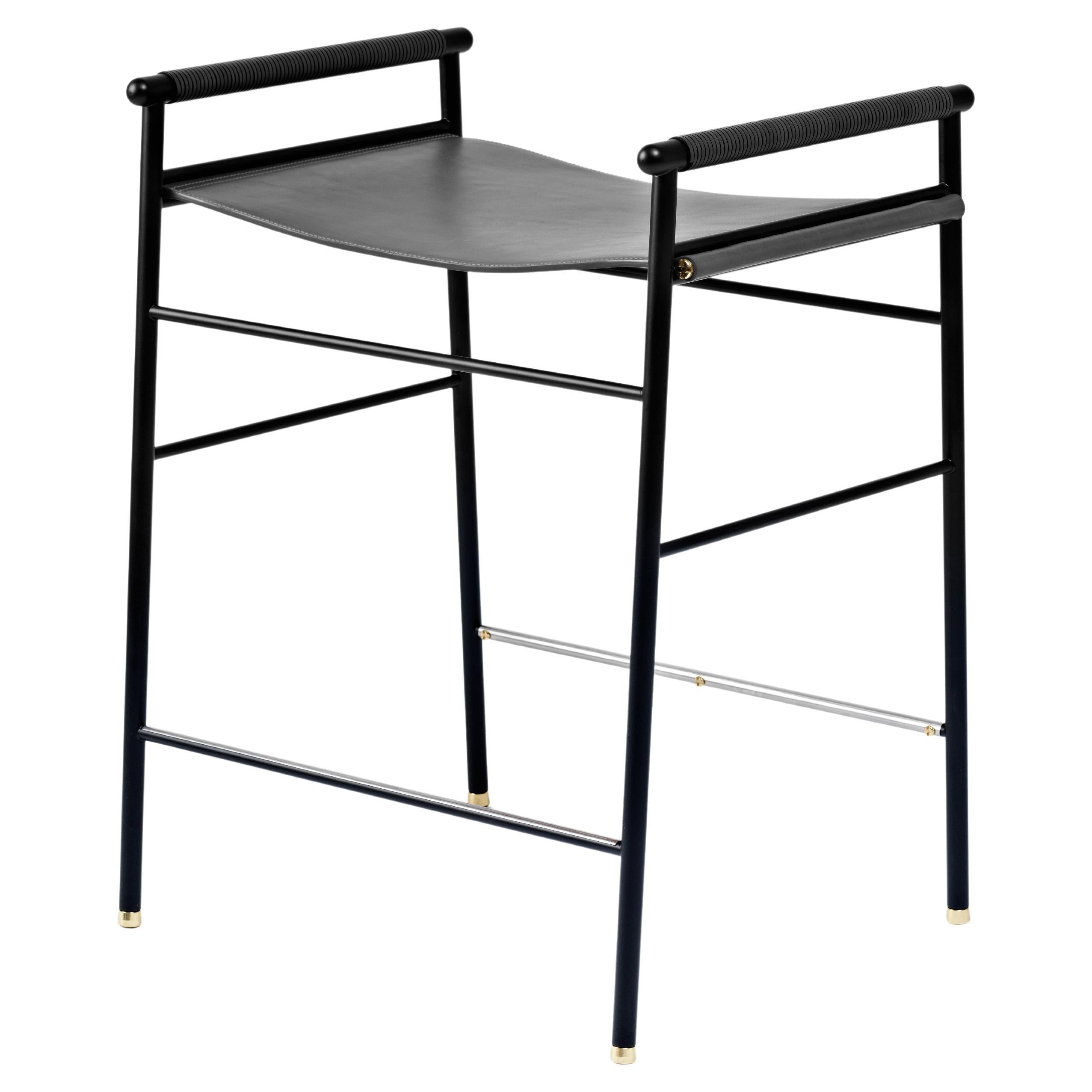 Artisan Classic Contemporary Counter Bar Stool Black Leather Black Rubber Metal For Sale