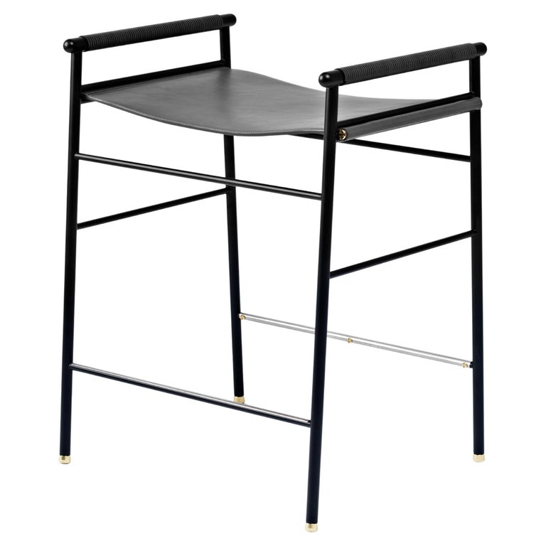 Artisan Classic Contemporary Counter Bar Stool Black Leather Black Rubber Metal For Sale at 1stDibs