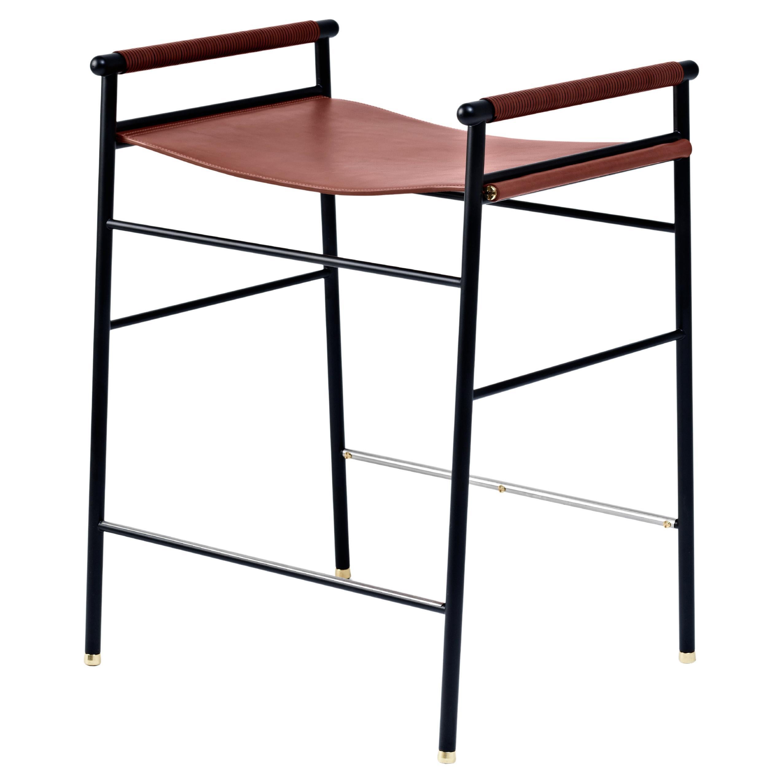 Artisan Contemporary Counter Bar Stool Cognac Leather & Black Rubbere Metal For Sale