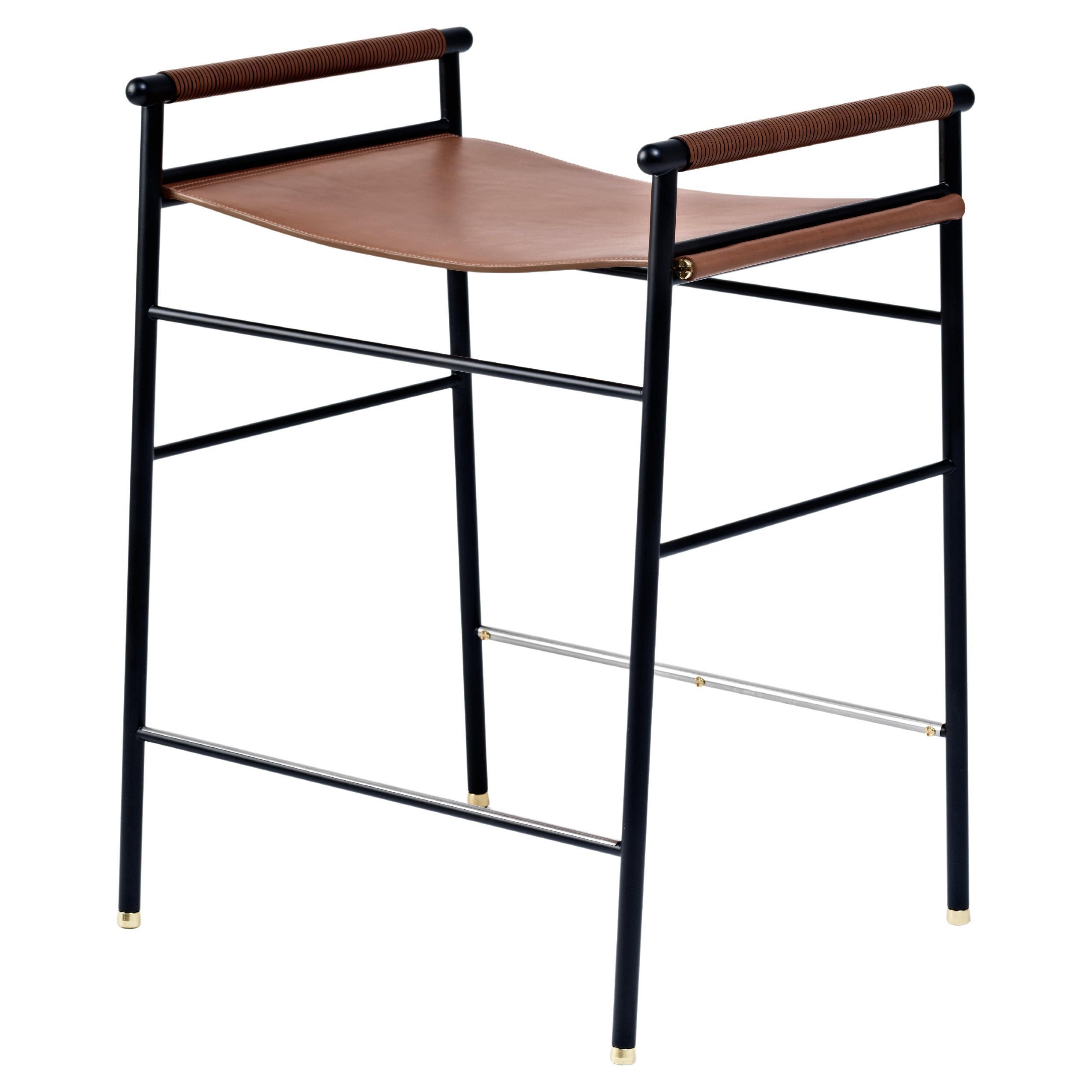 "Repose" Contemporary Counter Stool Dark Brown Saddle Black Rubbered Frame For Sale