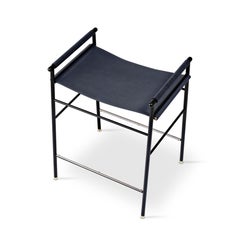 Contemporary Artisan Counter Bar Stool Navy Blue Leather & Black Rubber Metal