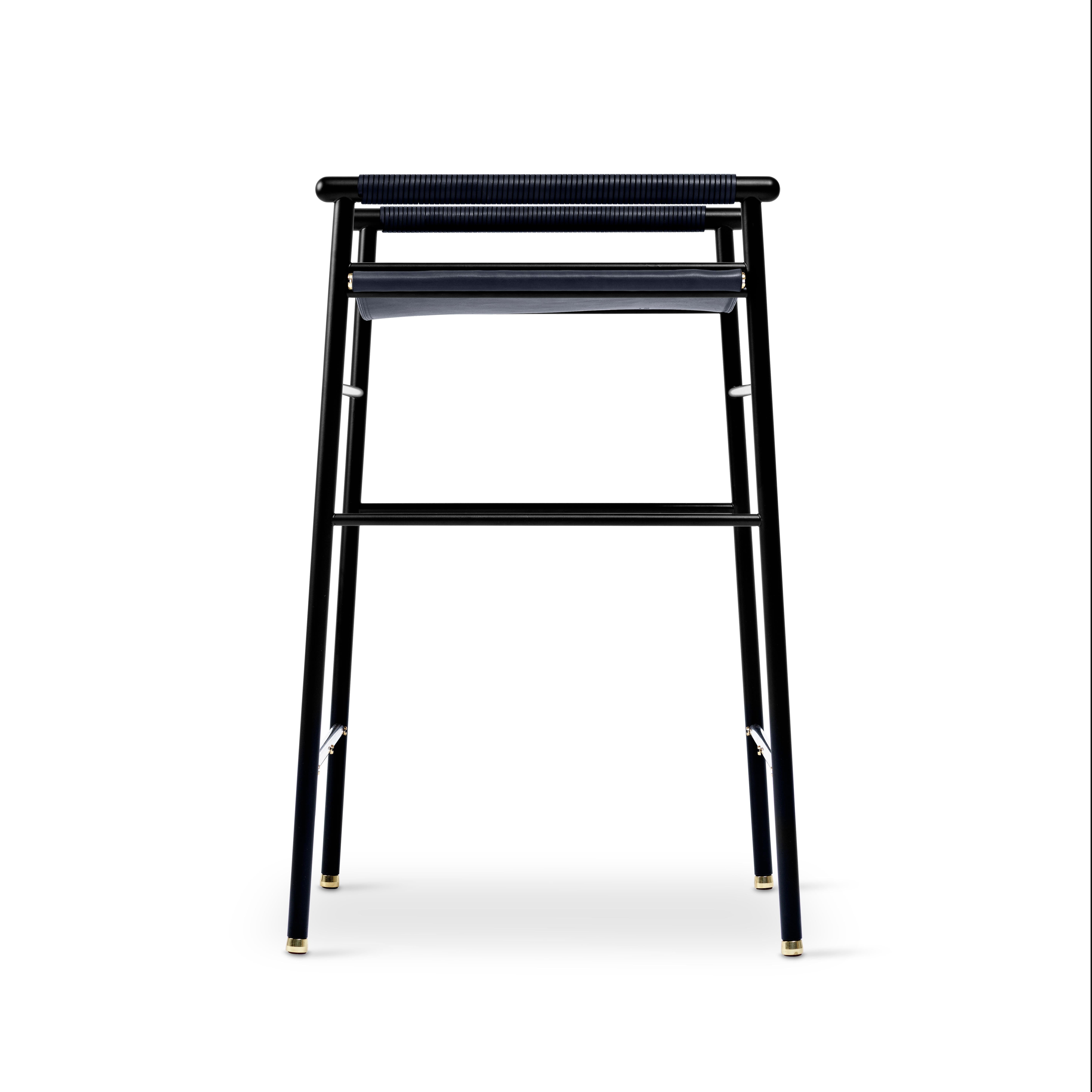 Spanish  Contemporary Artisan Counter Bar Stool Navy Blue Leather & Black Rubber Metal For Sale